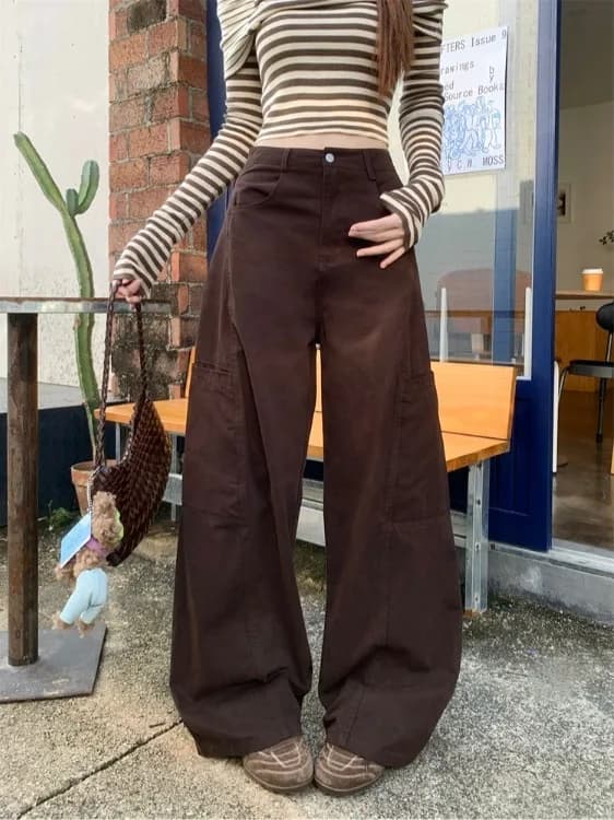 Jeans da Lavoro Stile Americano a Gamba Larga per Donna, Nuovi Pantaloni Estivi a Vita Alta e Gamba Dritta, Casual in Tinta Unita