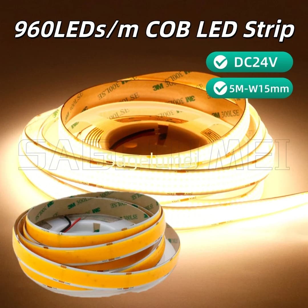 Super Bright DC24V 5M 960LEDs/m COB LED Strip Light Super Bright 3000/4000/6000K High Density Flexible RA90 Led Lighting Tapee