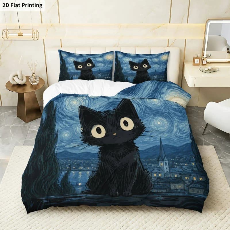 3PCS Duvet Cover, 1 Duvet Cover + 2 Pillowcases (Without Filler), Starry Sky Cat Theme, festival Black Cat Bedding