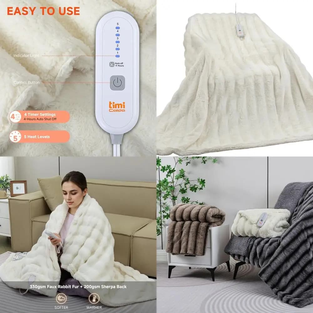 Coperta riscaldata elettrica doppia misura 62x84 con 5 livelli e spegnimento automatico, pelliccia sintetica felpata, crema