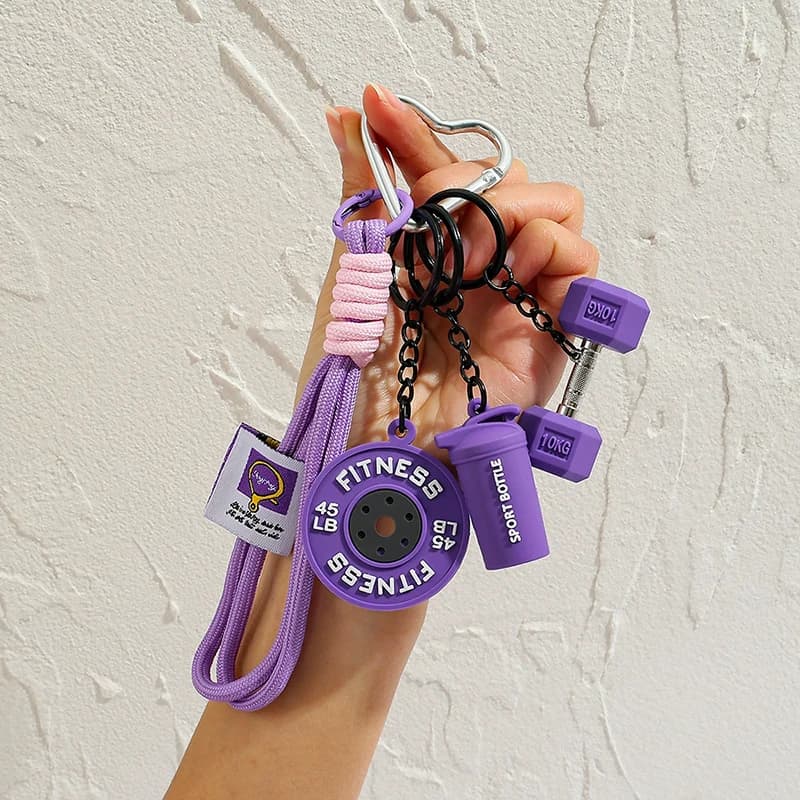 Fitness keyring with gym barbells, weight lifting keychains, weight disc shaped silicone keychains, gym gifts, training gifts, bag gift.