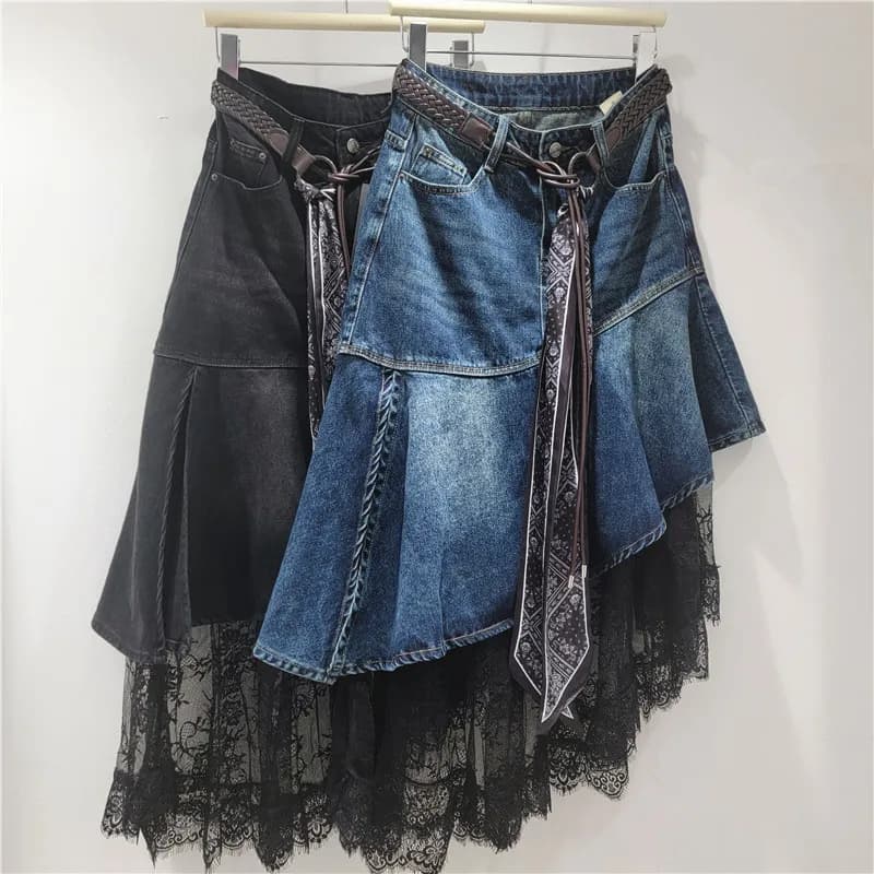 Irregular mermaid jeans skirt with belt in lace patchwork scarf for women, new skirt with autumn niche design 2025