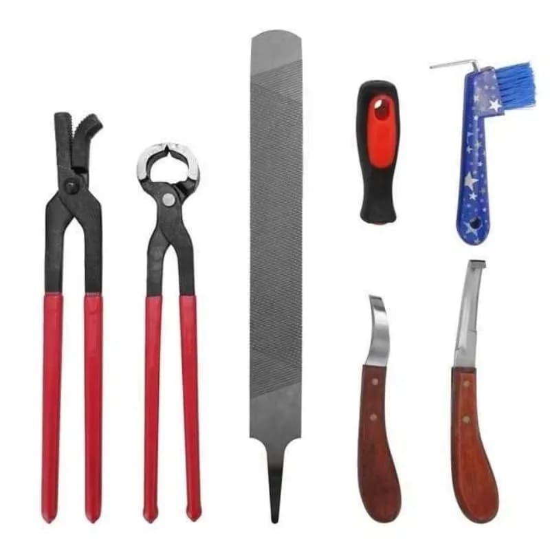 Set di Strumenti per la Cura del Cavallo 7 Pezzi: Martello, Pinze per Zoccoli, Lima, Raspa, Tagliazoccoli e Manico per Manicure Equina