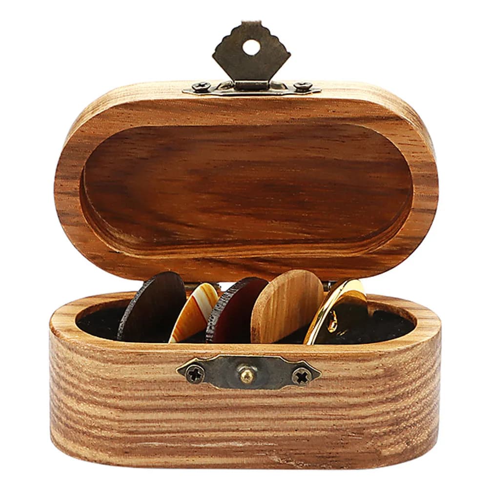 Set Porta Plettri in Legno di Noce con Scatola Portaoggetti per Chitarra Acustica, Elettrica e Basso, con 5 Set di Plettri Diversi