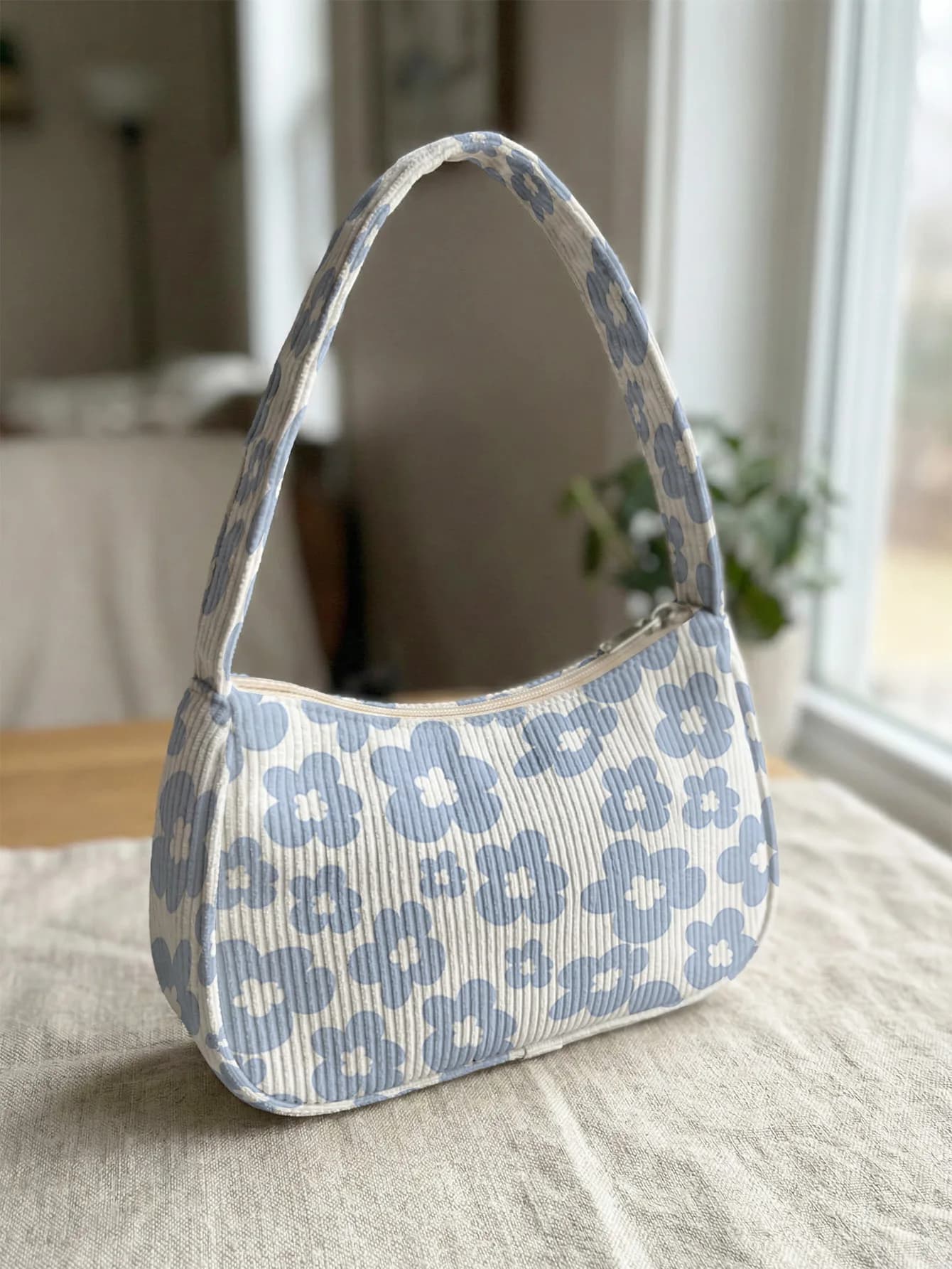 Trendy Blue Flower Print Shoulder Bag, Corduroy Underarm Bag for Daily Casual Use