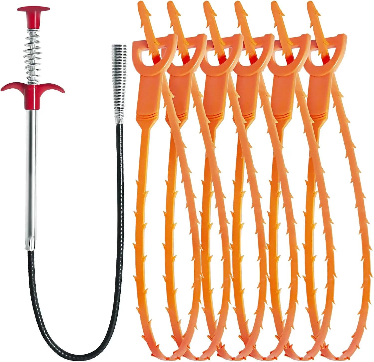 Set di 7 Strumenti per la Rimozione di Ostruzioni nei Scarichi - 6x Serpentine per Capelli da 25 Pollici e 1x Pulitore per Scarichi da 24 Pollici per Lavandino, Doccia, Vasca, WC