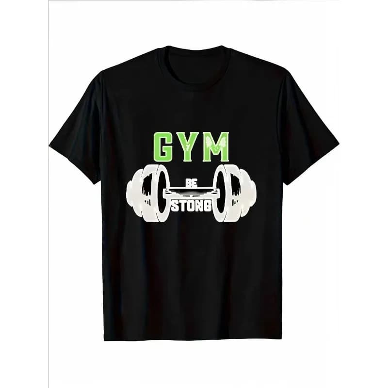 T-shirt da uomo con stampa GYM Be Strong Dumbbell, maglietta fitness casual a maniche corte con scollo rotondo, top streetwear da allenamento per uomo