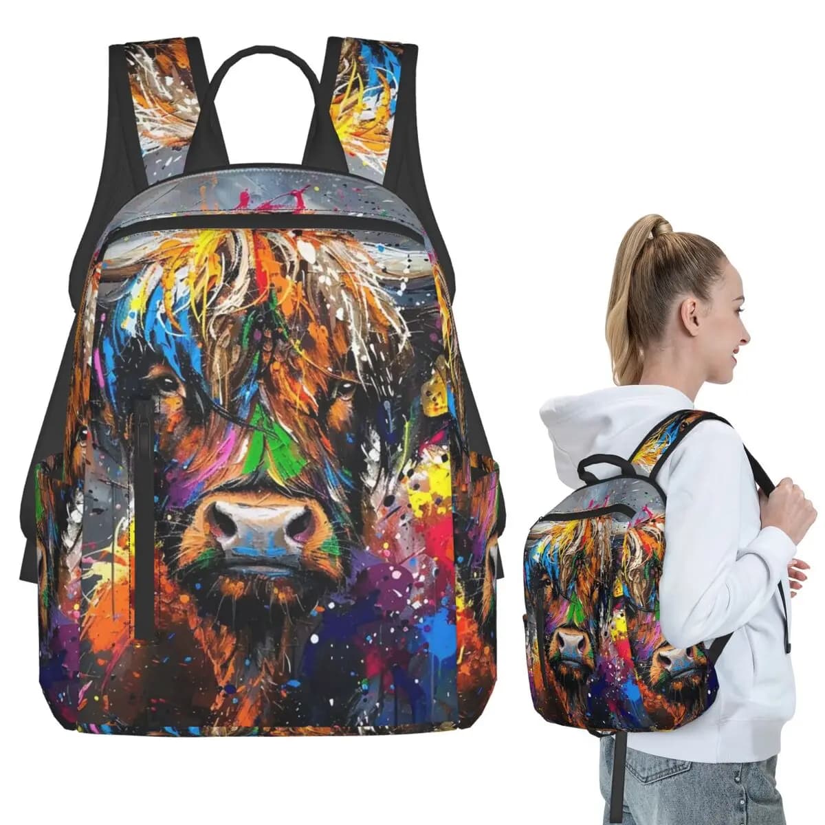 Highland Cow Graffiti Print Backpack Student BookBag Children School Bag Computer Shoulder Bags Men Women