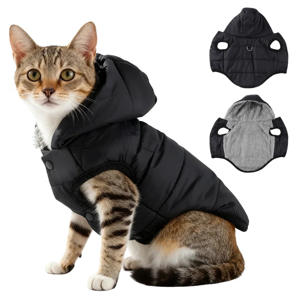 Giacca impermeabile con cappuccio per gatti per gatti di piccola taglia media Costume invernale da gattino in caldo pile con anello a D Cappotto Sphynx Vestiti per carlino