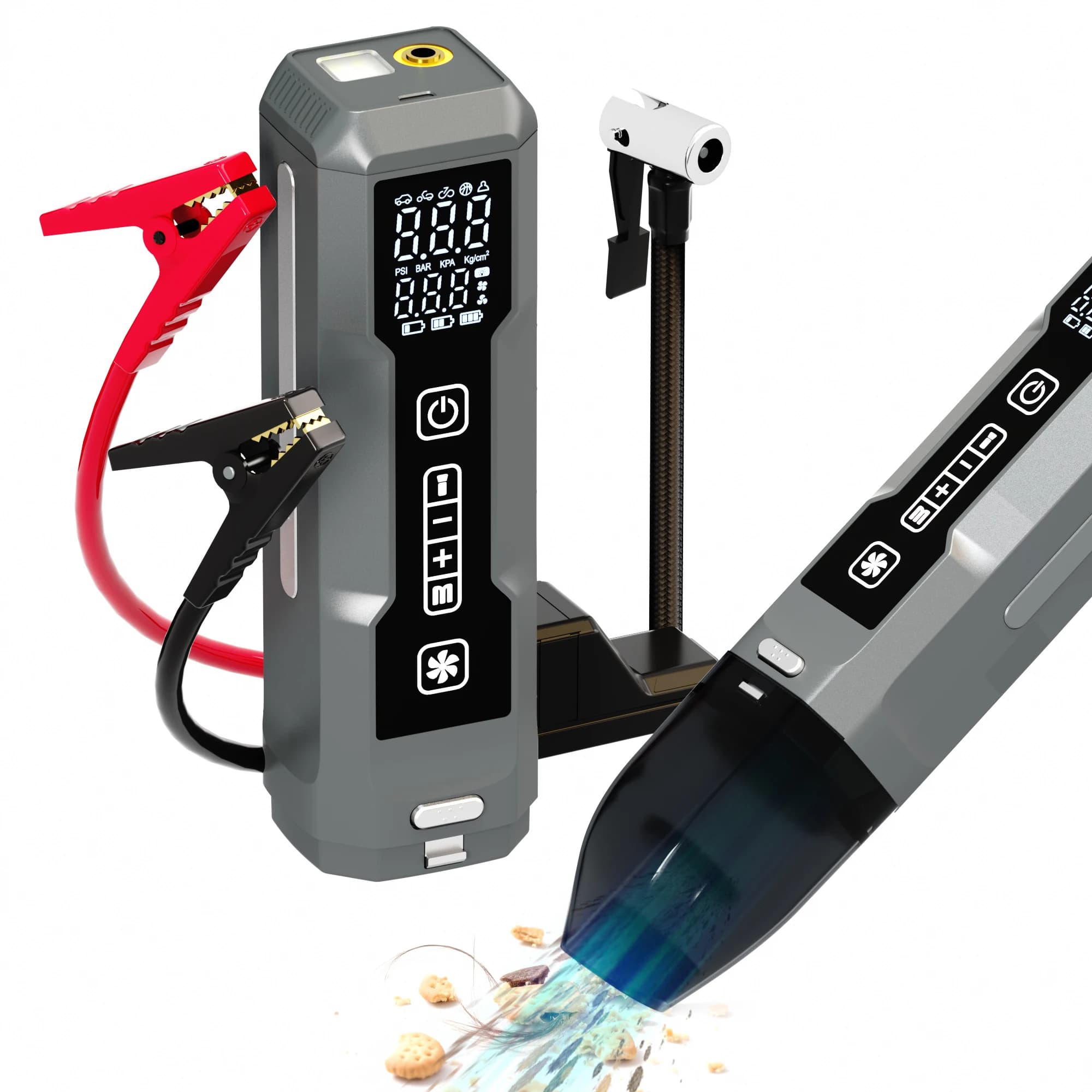 Avviatore d'Emergenza 6 in 1 per Auto con Gonfiatore Pneumatici, TPMS, Aspirapolvere Portatile, Booster Batteria, Compressore d'Aria e Luce da Lavoro LED