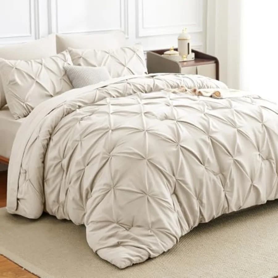 Set Letto Completo 7 Pezzi con Piumone, Lussuoso Set Biancheria da Letto con Pieghe a Pizzico, Morbido Set per Tutte le Stagioni con Piumone