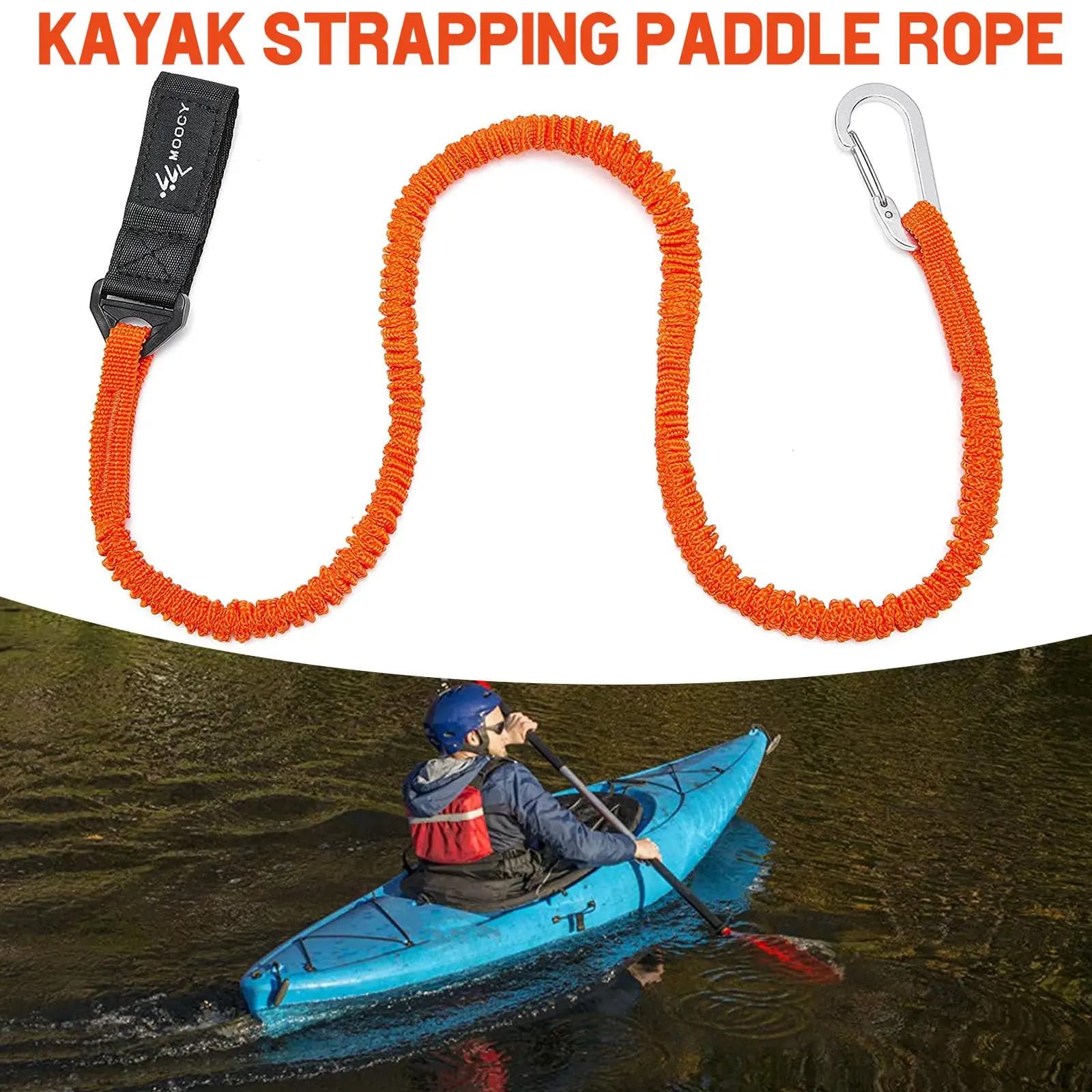 Coiled Paddle Leash Orange Kayak Fishing Rod Tether Stretch Cord with Aluminum Clip and Adjustable Loop for Outdoor Gear, 1 Pack