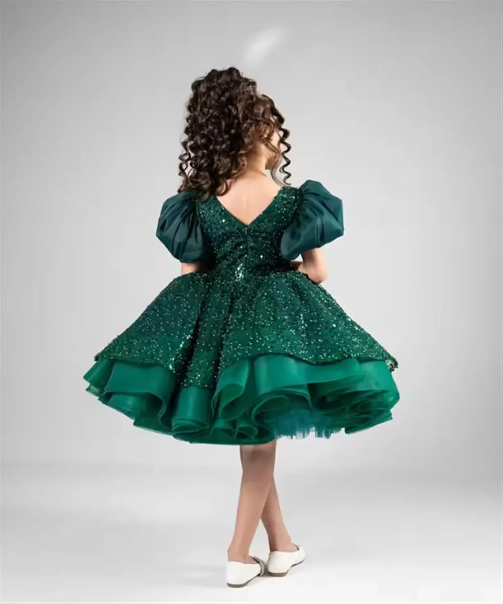 Green Sequins Flower Girl Dress for Wedding With Bow Knee Length Baby Girl Birthday Party Dress First Communion Gown Customized