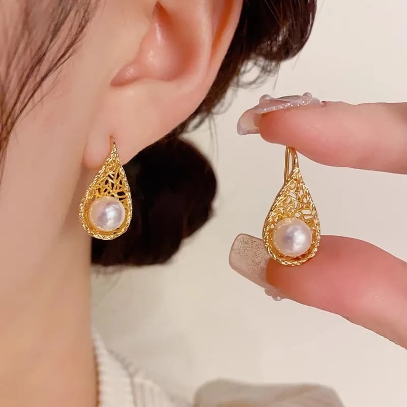 Earrings Pendents in Knitting Shape Color Gold with Imitation Pearls, Women's High Range Jewelry for Banquets and Elegant Events