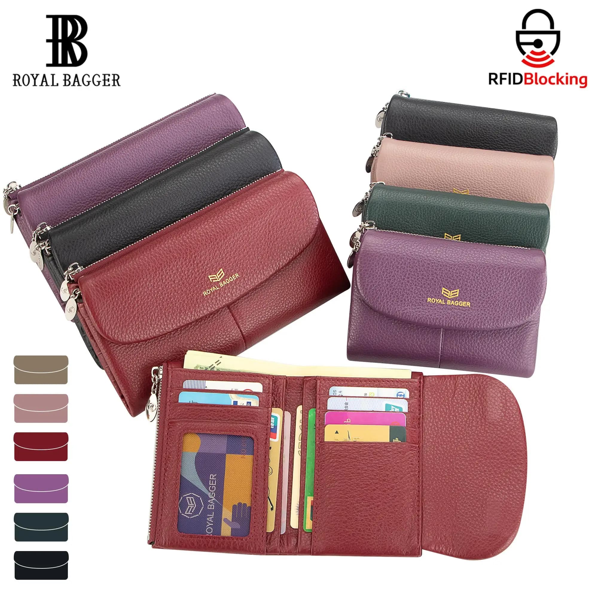 Portafoglio corto da donna con blocco RFID di Royal Bagger, porta carte in vera pelle con slot multi-card, portamonete a tre ante, apertura magnetica