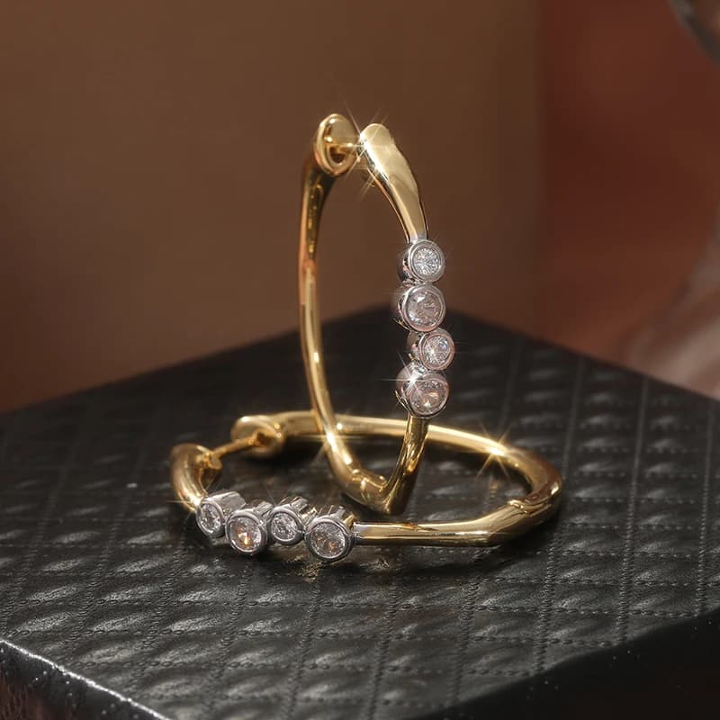 Gold Plated Hoop Earrings with 4pcs Clear Zircon Bezel Set, Two-tone Huggie Earrings for Women Daily Wear Jewelry