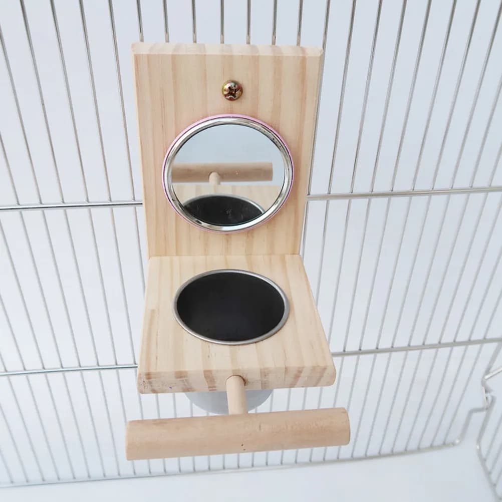 Mirror combination and parrot bowl, solid wood cage accessory, removable and washable food container, stable, reliable and resistant to bites