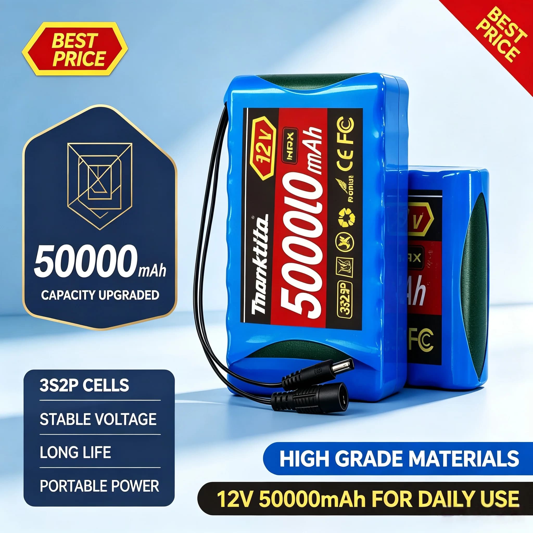 Portable 12V 3S2P 50Ah 18650 Li-ion Rechargeable Battery Complete Set With Charger For LED Lamp Outdoor Backup Power Accessories