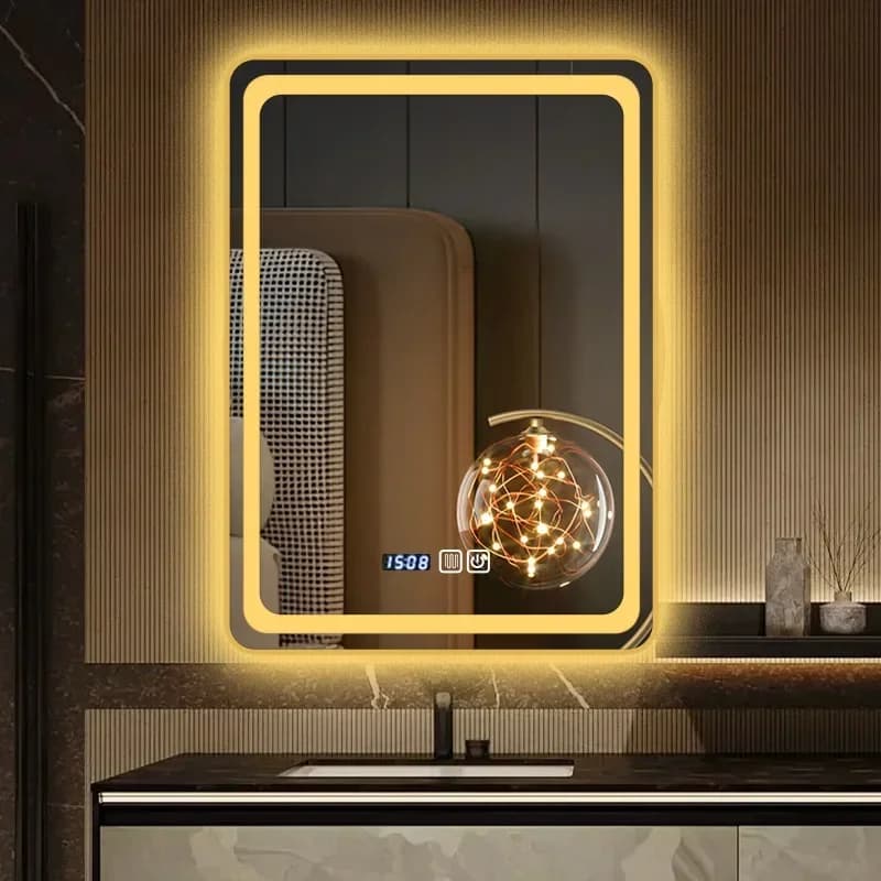 Specchio da bagno intelligente quadrato alla moda Led con luce Specchio luminoso da bagno Specchio intelligente plug-in con orlo in metallo nel bagno