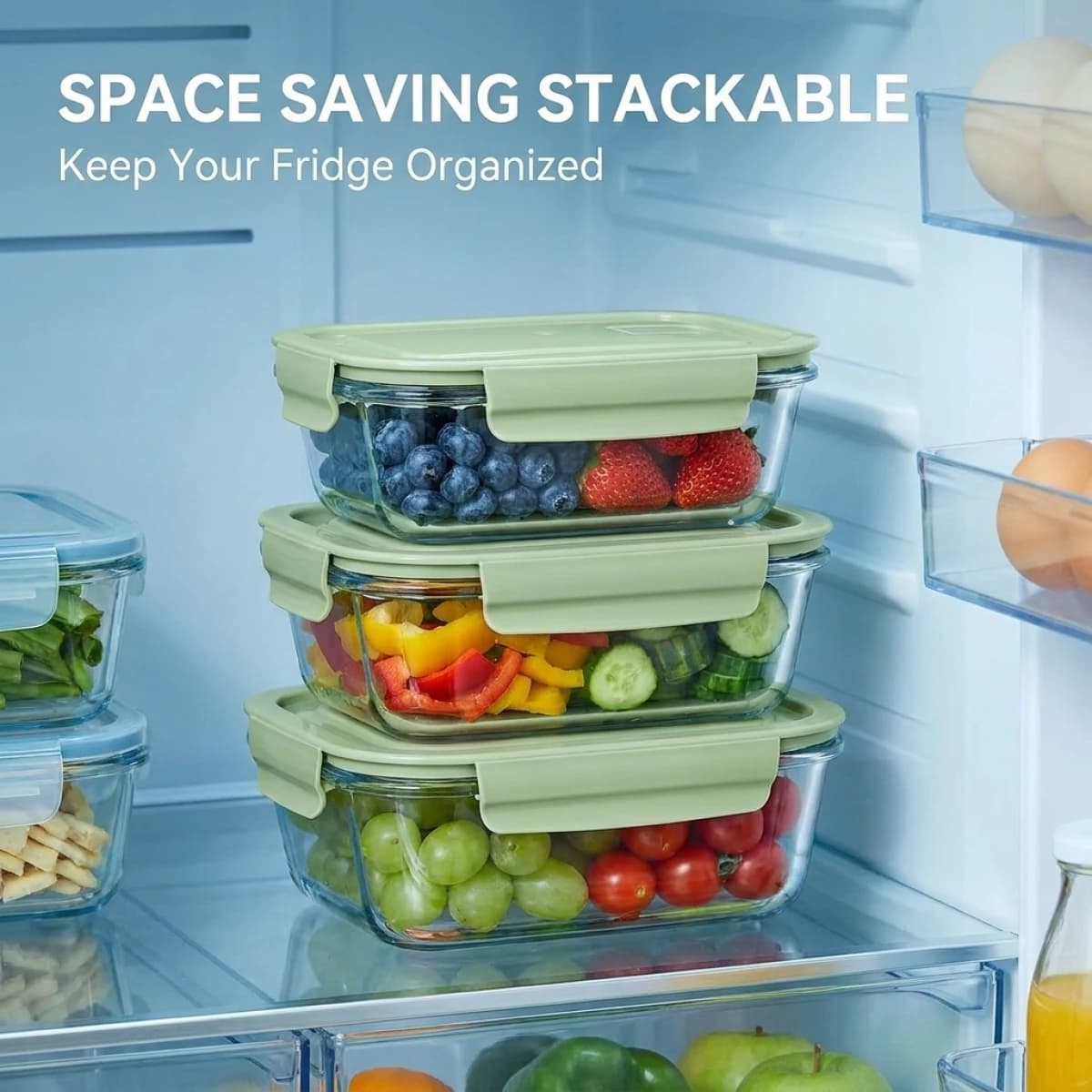 Contenitore in Vetro con Coperchio Verde per Preparazione Pasti, Lunch Box in Borosilicato Anti-Perdita, Contenitore Impilabile per Alimenti Adatto al Microonde per Cucina