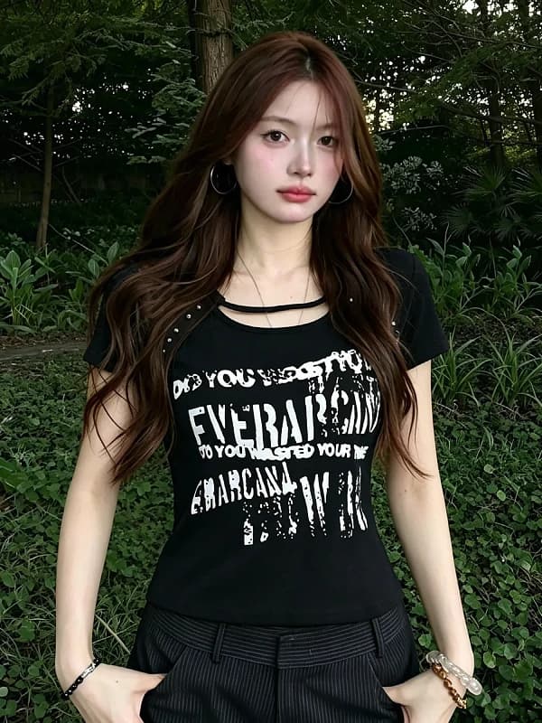 Slim Fit round Neck Short Sleeve T-Shirt Women's Retro American Style Letter Print Top for Summer Korean Style Commute Fashion