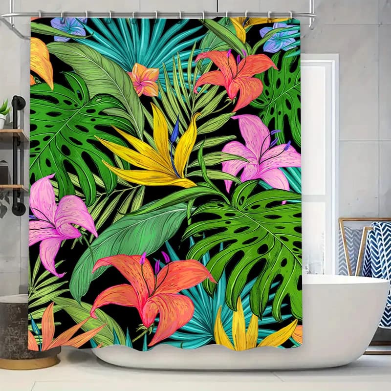 Tenda da doccia con foglie tropicali, design floreale verde in tessuto impermeabile rosa, giallo, arancione rosso per l'arredamento del bagno moderno Ho