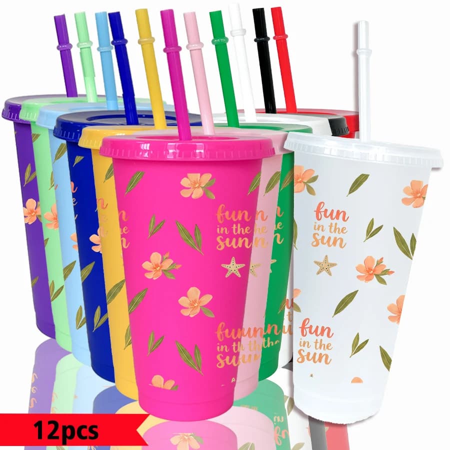 Confezione da 12 Bicchieri in Plastica Colorata da 26oz con Motivi di Fiori, Foglie e Parole per Feste, Regali di Ritorno a Scuola e Compleanni