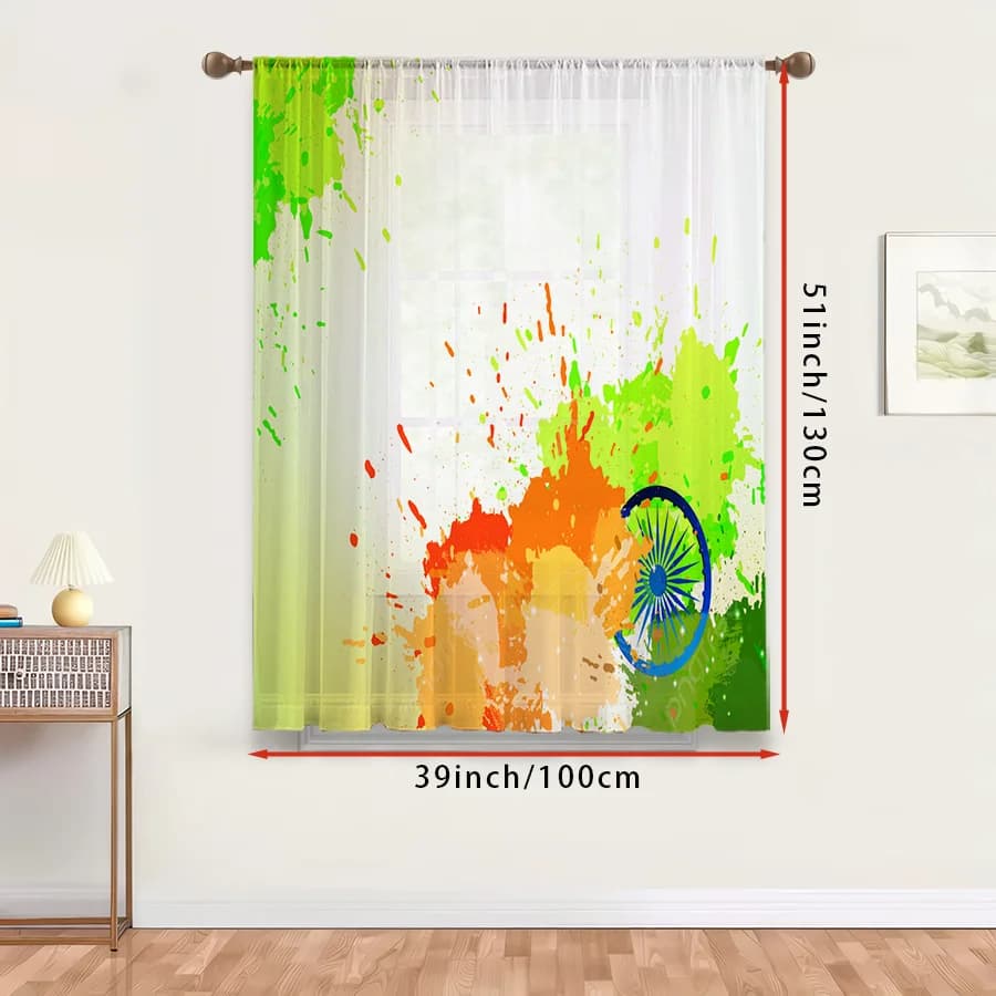 1PC Sheer Curtain India Flag Splash Paint Ashoka Print, Rod Pocket Window Curtain for Living Room Patriotic Decor