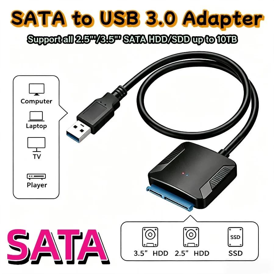 SATA to USB Adapter USB3.0 to SATA III External Hard Drive Converter for 2.5" 3.5" SSD HDD Hard Disk with 12V/2A Power Supply