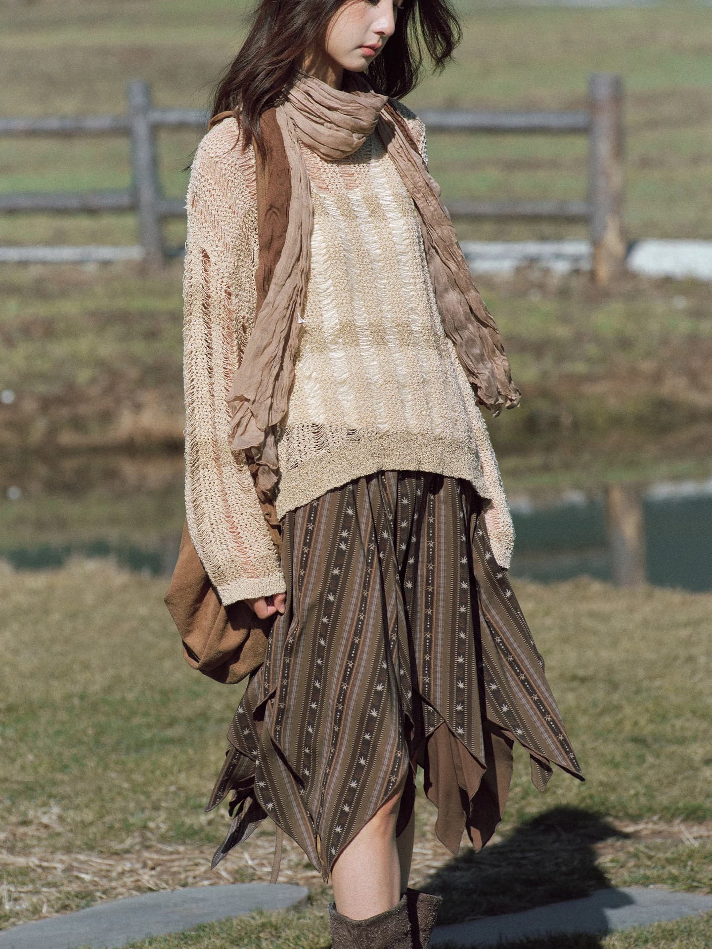 Set Vintage in Maglia a Rete Octopusme con Gonna Asimmetrica e Top a Maniche Lunghe con Collo Tondo per Donna, Abbigliamento Casual per Tutte le Stagioni