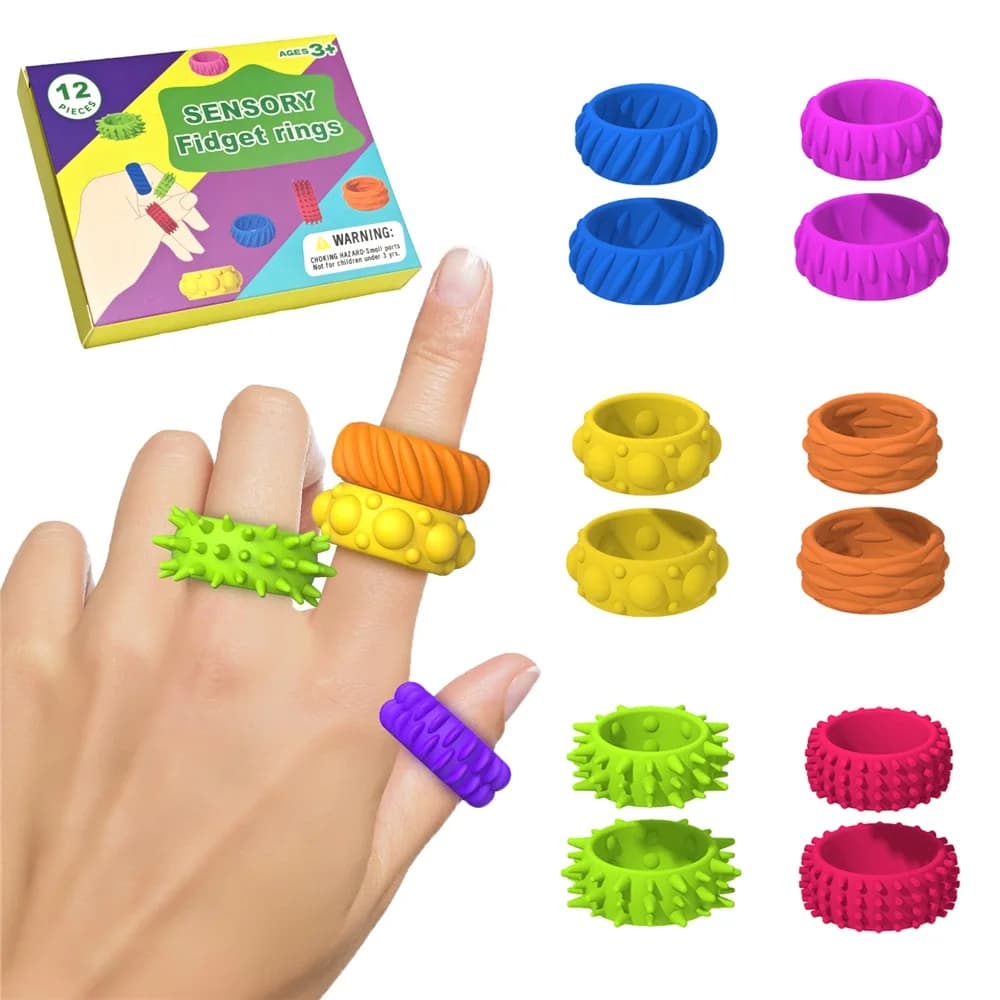 Fidget Toys Anelli sensoriali per bambini: confezione da 12 anelli per spinner da dito - Texture giocattoli antistress per bambini Autismo calmante - Fun Fidgets