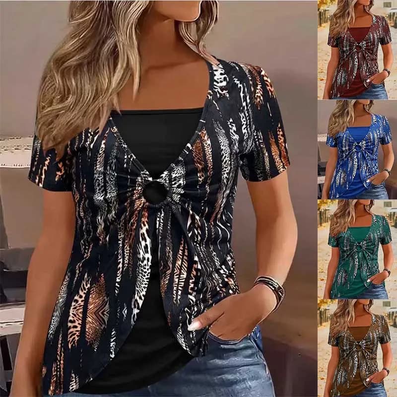 2025 T-shirt a maniche corte delle nuove donne Falso in due pezzi con scollo a V Moda etnica stampata Top T-shirt casual per donna