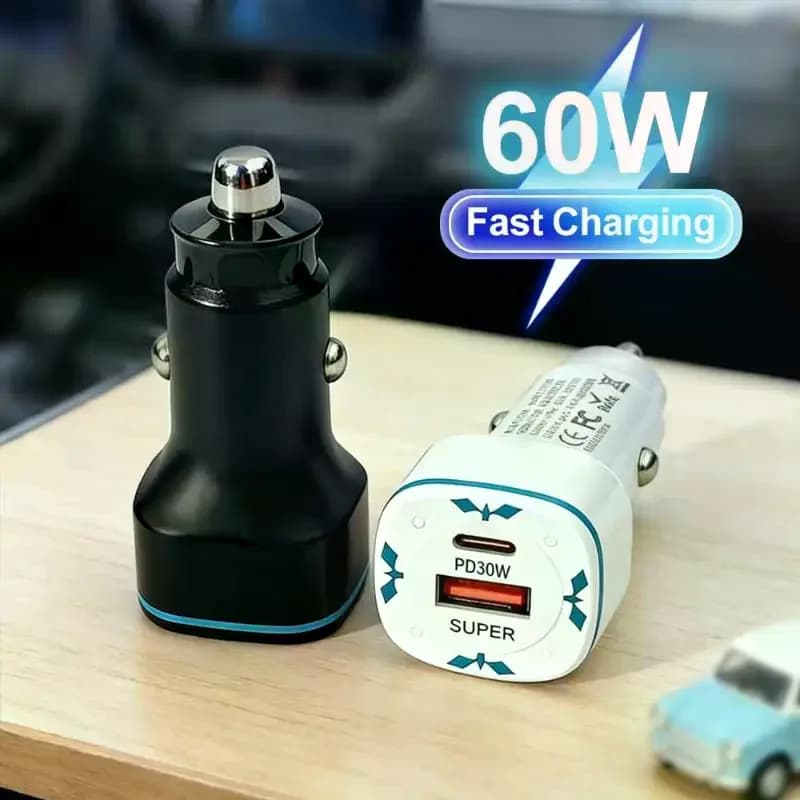 60W Dual Port Car Charger Adapter, PD 30W QC3.0 Fast Charging USB-C Cigarette Lighter Kit for Phones & Tablets