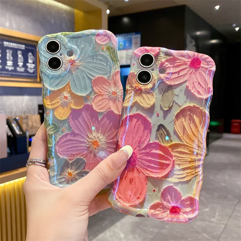 Luxury Blue Light Oil Painting Flowers Wavy Phone Case For iPhone 17 Air 16 15 14 13 12 11 Pro Max Shockproof Protective Cover