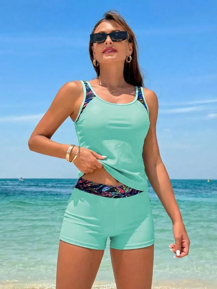 Mint Green Floral Splice Two Piece Swimwear Set For Beach Summer Holiday