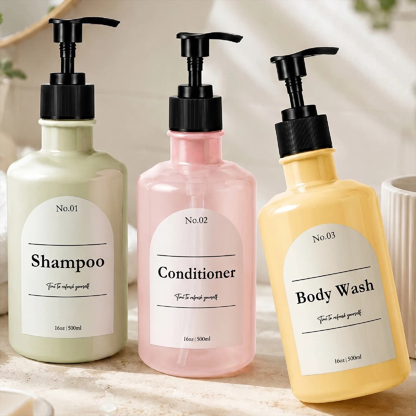 Refillable Shampoo Dispenser Bottle, 16oz 500ml Plastic Pump Bottle with Label for Conditioner, Body Wash, Liquid Soap, Bathroom