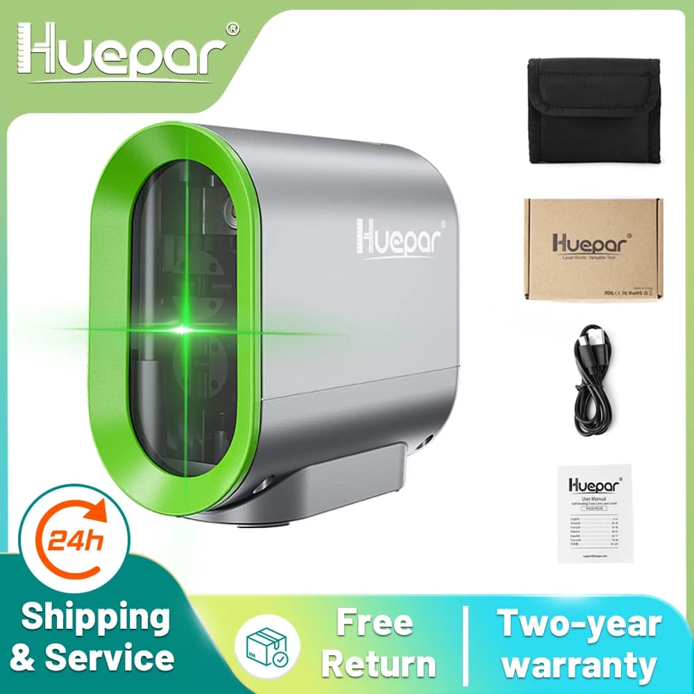Huepar 2 lines level Laser self-levelling and rechargeable lithium-ion battery green beam cross-line with pulse mode and laser instrument tripod