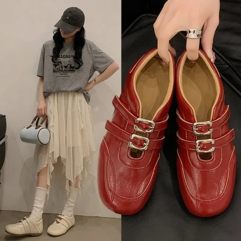 Fashion Women Round Toe Double Metal Buckle Flat Loafers Soft Faux Leather Casual Daily Commuter Walking Shoes Ladies Red Beige
