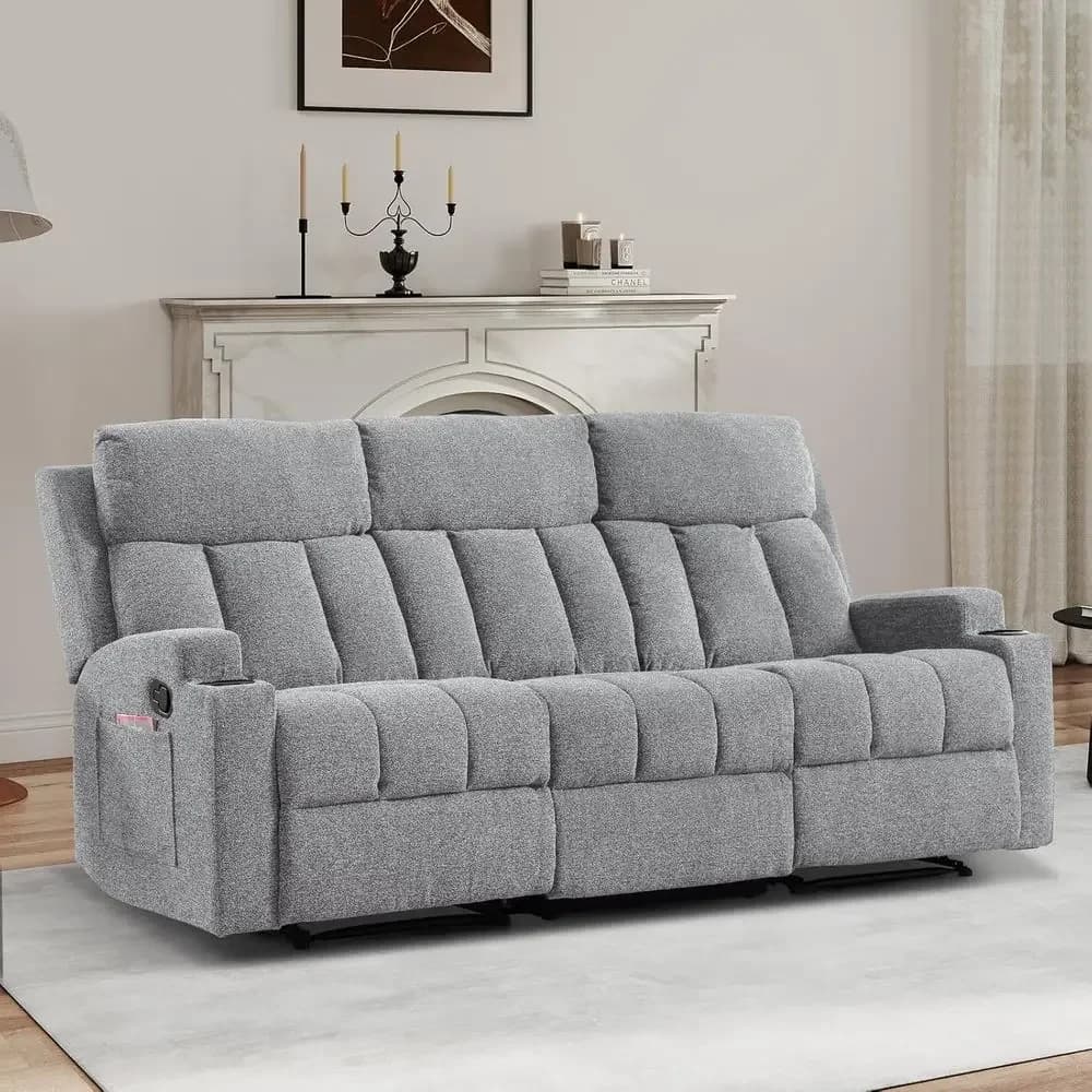 Set Divano Reclinabile a 3 Posti con Tasche Laterali e Portabicchieri, Poggiapiedi Regolabile per Soggiorno/Home Theater, Grigio Chiaro