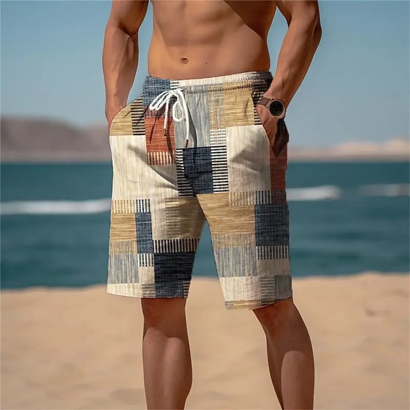 2026 Summer Hawaiian Beach Shorts Holiday Casual Colorful Plaid Print Sportswear Quick Drying Trunks Ice Shorts Hawaii Swimsuit