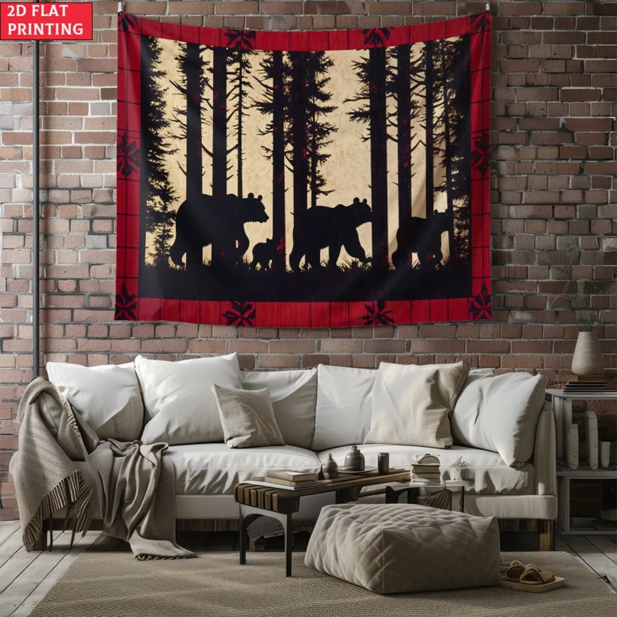 Bear Family Forest Wall Tapestry Rustic Cabin Decor For Living Room Bedroom Woodland Animal Silhouette Hanging Tapestry