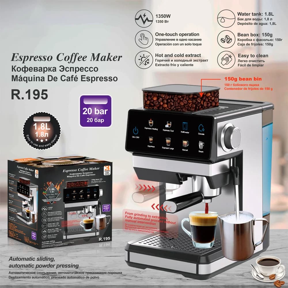 for All-in-one Espresso Machine With Built-in Grinder 20Bar Coffee Maker Touch Control Latte Cappuccino Coffee Machine for Home