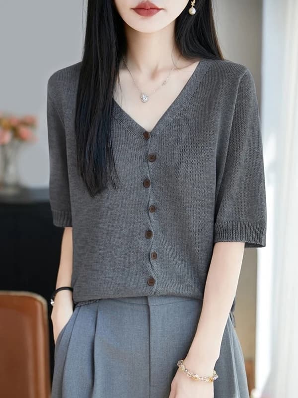 V-Neck Ice Hemp Knitted Short Sleeve Open Cardigan Women's Summer Lightweight Loose Slimming Breathable Sun Protection Half S...