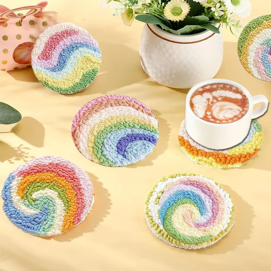 SDOYUNO Punch Needle Coaster Kit Punch Needle Embroidery Kit Landscape Tufting Coaster for Beginners Tool Fabric Hoop Yarn Rug