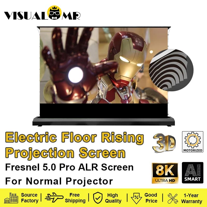 Nuovo schermo del proiettore Fresenl 5.0 Pro ALR a pavimento elettrico da 100 pollici con tensione della linguetta motorizzata arrotolabile 8K HD per proiettori normali