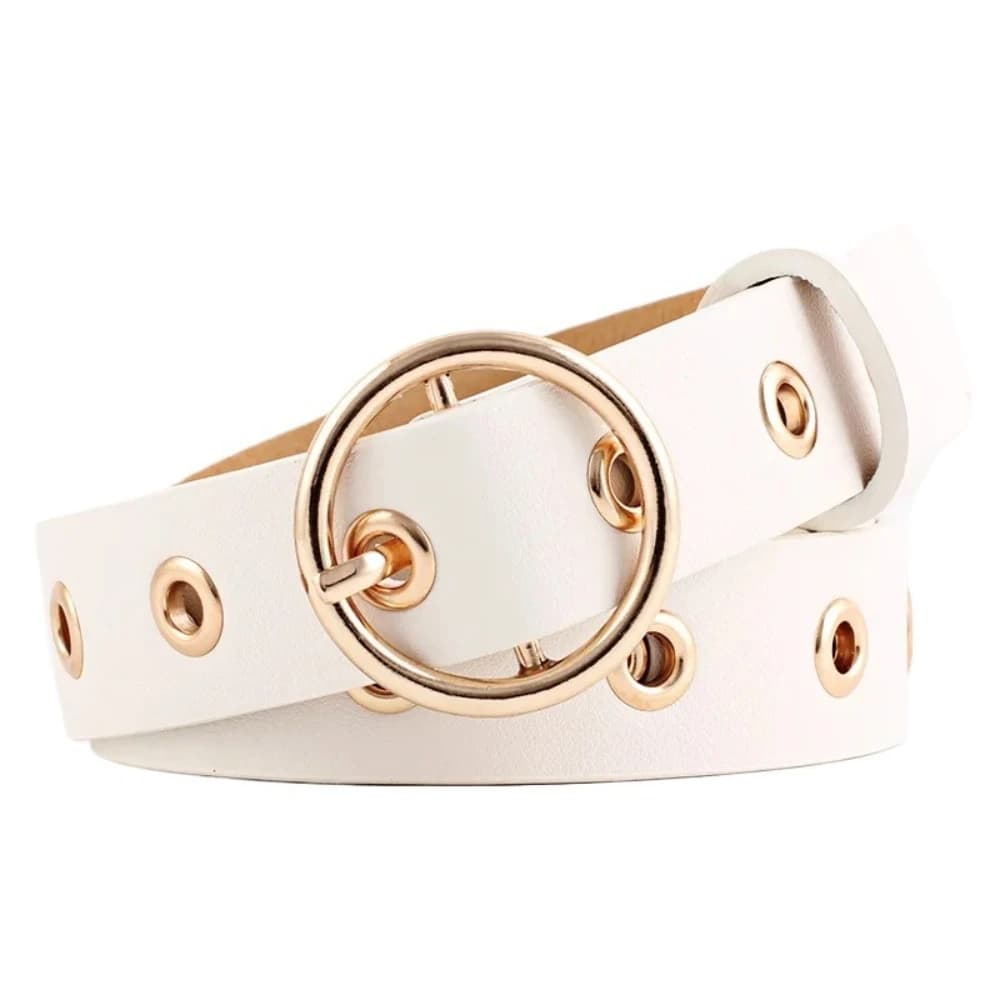 Cintura da Donna Bianca con Fibbia Rotonda Dorata, Cintura in Pelle alla Moda per Donna, Cinture Nere da Donna per Jeans con Fori, Blu Beige Nuova Moda