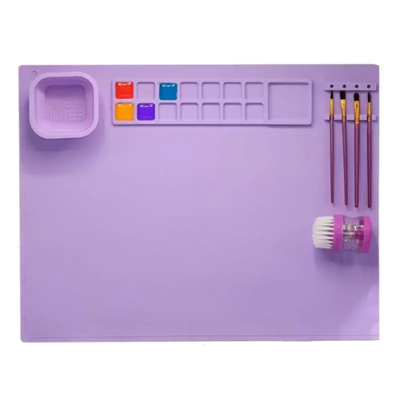 A01F-Tappetino in silicone per pittura con tazza per bambini con 1 pennello per pulizia e 10 pennelli per pittura, 1 set
