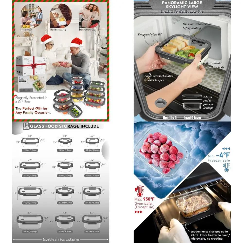 Set di 12 Contenitori in Vetro Temperato con Coperchi - Borosilicato, Adatti al Forno, Ermetici, Senza BPA, Lavabili in Lavastoviglie, Multi-Misura per Preparazione Pasti