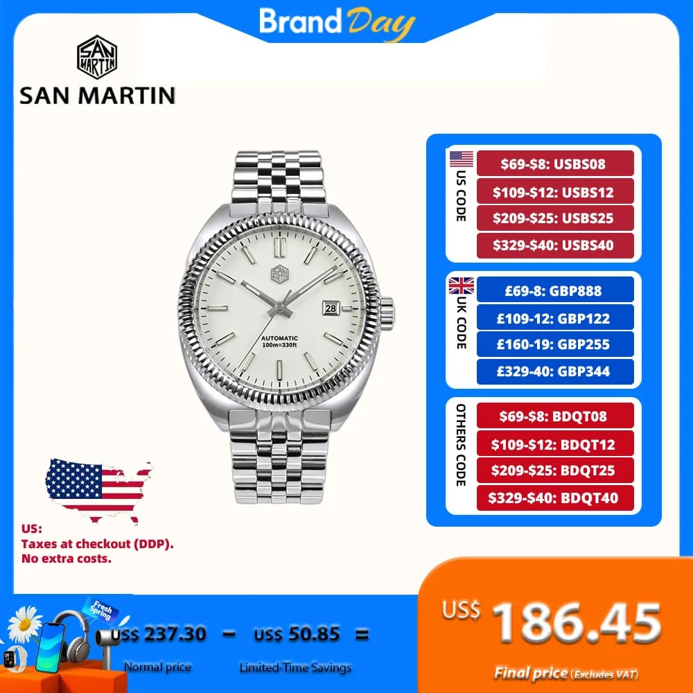 San Martin Originale 40mm Orologio meccanico da uomo Orologio da polso automatico a carica automatica Data YN55 Bracciale a 5 collegamenti Swim Montre SN0069