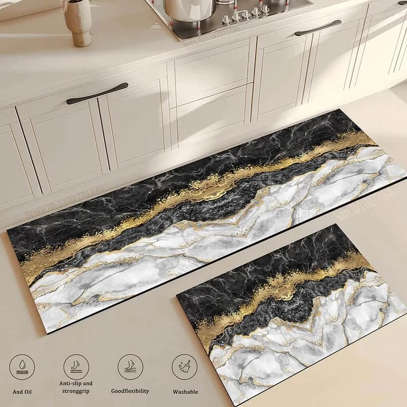 VIKAMA Black Gold Marble Kitchen Rug Set Anti-slip Water Oil Proof Washable Floor Mat for Kitchen Bedroom Bathroom